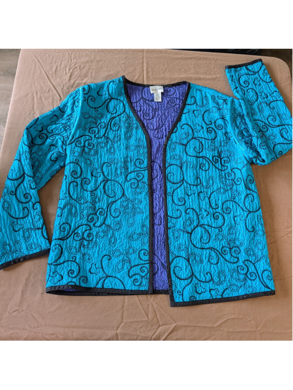 Chicos 100% Silk Embroidery Open Front Jacket Blue Black Floral Trim Art To Wear - Picture 2 of 14
